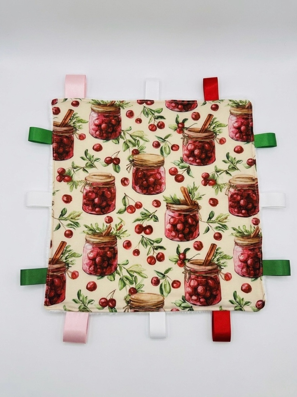 Rustic Cherry & Cinnamon Print Sensory Taggie – Soft Textured Minky Baby Blanket